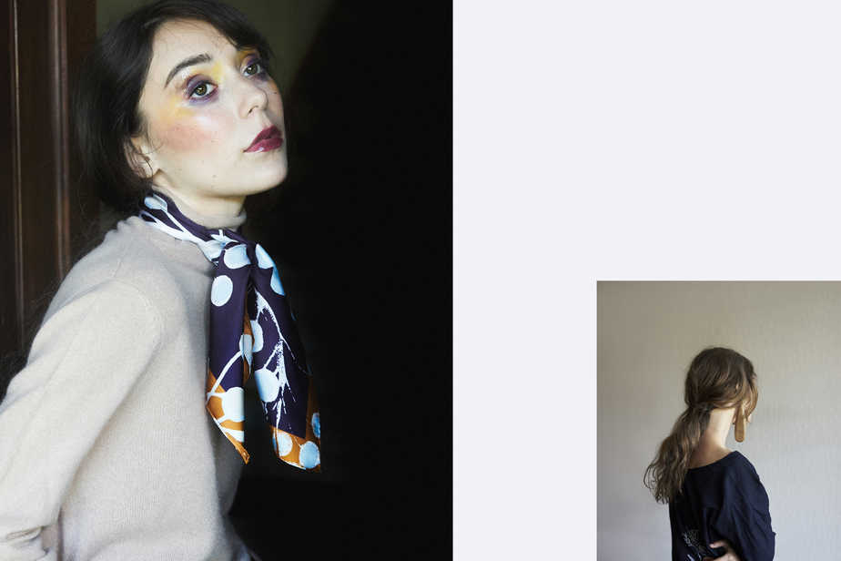 Left//Sweater—Margaret Oleary, Scarf—Epice / Margaret Oleary. Right// Dress—45R, Earring—Editor's own