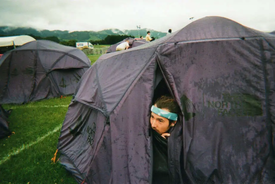Inside the tents at Pharos, clearly living my life. It was very wet.
